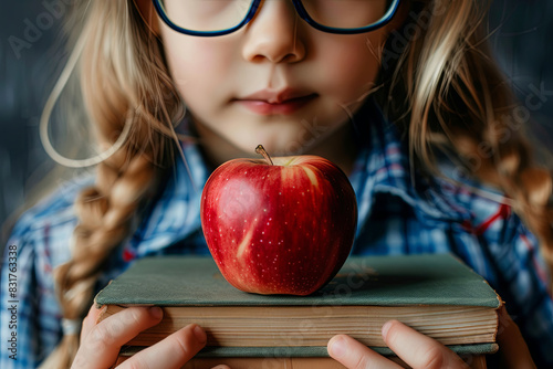 Little schoolgirl with books and apple, ready for learning photo