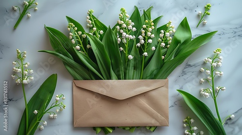 A love letter in an envelope with a white lily of the valley on a white background.