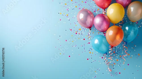 Carnival Mood in Pastel Balloons Streamers and Confetti on Blue Minimalist Backdrop photo