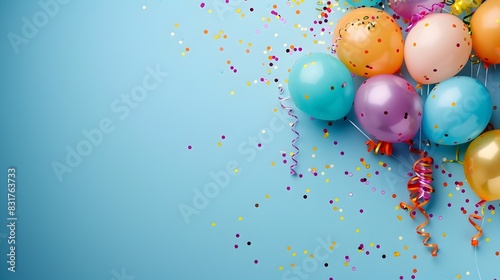 Carnival Atmosphere Balloons and Streamers Minimalist on Pastel Blue Background photo