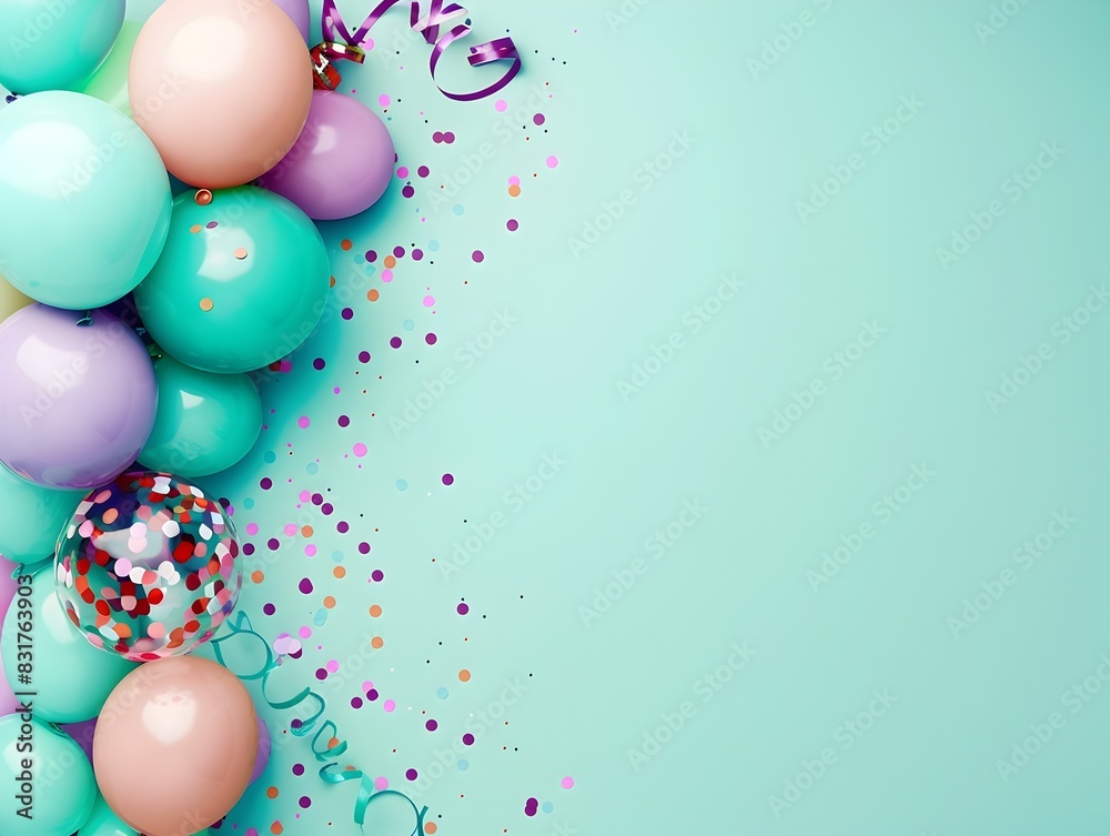Carnival Atmosphere Fills the Air with Balloons and Streamers on a Minimalist Pastel Mint Backdrop