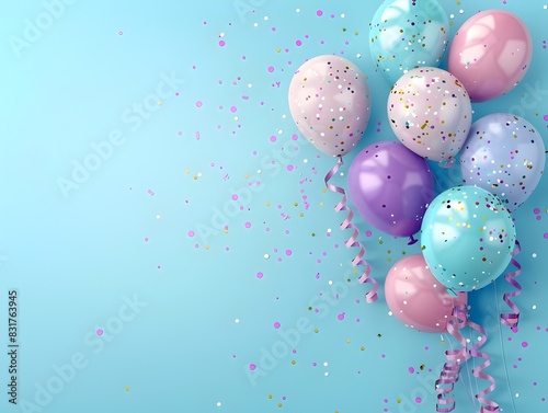 Carnival Atmosphere Balloons and Streamers Minimalist on Pastel Sky Blue Background photo