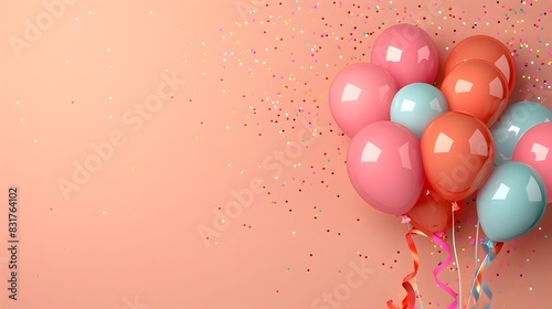 Carnival Atmosphere Filled with Balloons and Streamers on Pastel Peach Minimalist Backdrop photo