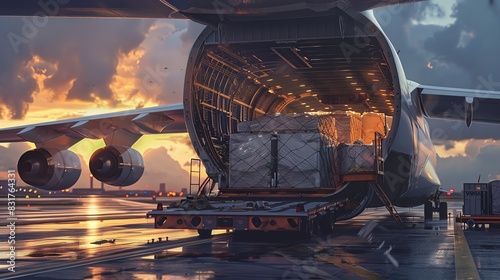 Cargo plane with open cargo bay, being loaded with freight, realistic render