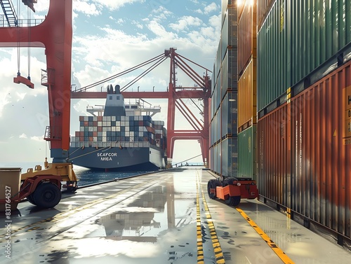 Cargo ship docked at a loading bay, with containers being unloaded, realistic render photo