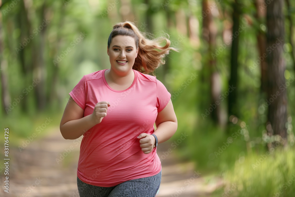 Overweight woman is running and smiling. Overweight woman is running and smiling.