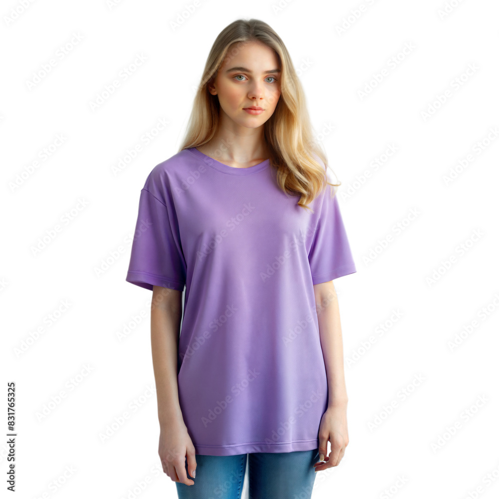portrait of a woman wearing a violet oversize t shirt short down sleeves isolated on white background portrait of a woman wearing a violet oversize t shirt short down sleeves isolated on white background