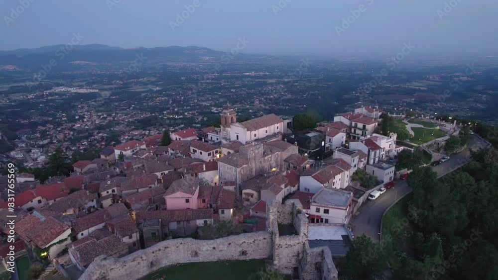 Aerial reveals small village with castle ruins, Castel San Pietro Romano Aerial reveals small village with castle ruins, Castel San Pietro Romano