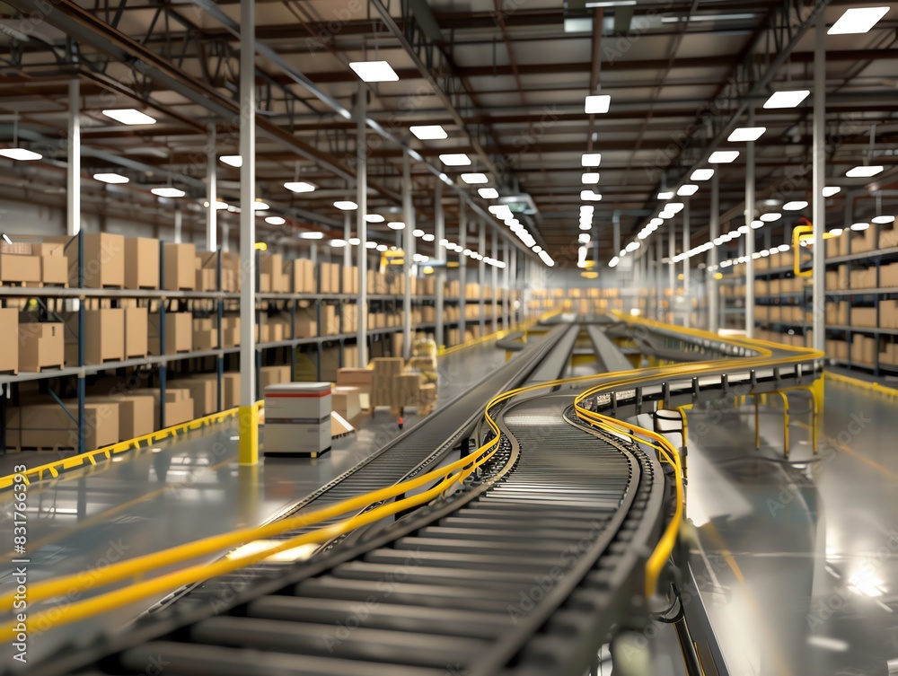 Fototapeta premium Distribution center with conveyor belts moving packages, capturing dynamic action