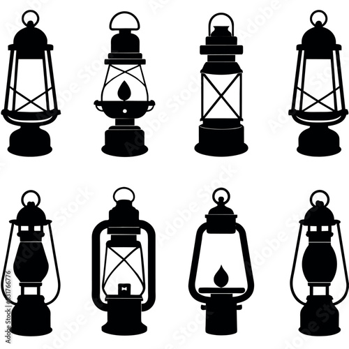 Vintage camping lantern flat, lamp icon vector silhouette