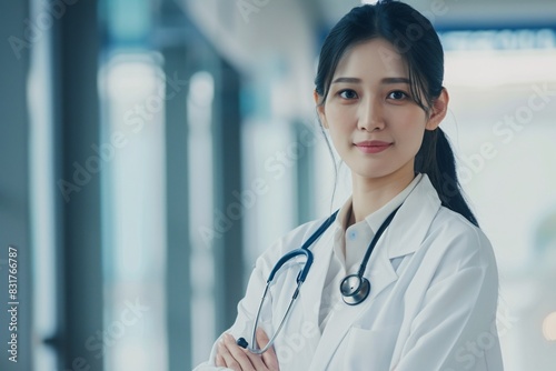 Young Asian female doctor standing on blurred background