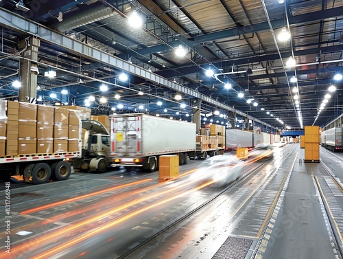 Distribution center with trucks being unloaded, capturing dynamic action