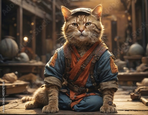 A cat dressed as a Carpenter sits on a wooden floor in a warehouse setting.