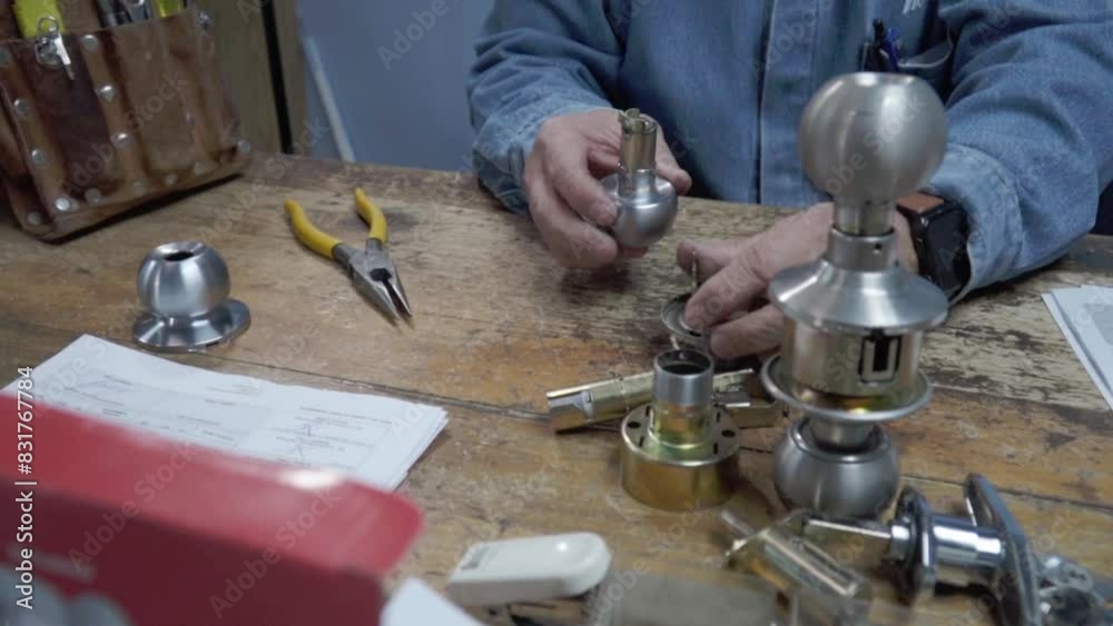 Latin man expert in lock repair service works concentrated at the table in his workshop. Mexico. Specialized skill. Latin man expert in lock repair service works concentrated at the table in his workshop. Mexico. Specialized skill.