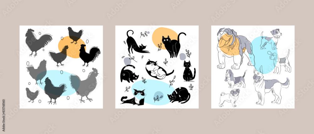 Farm, pet animals hand drawing hand drawn poster wall art vector illustration. Cat, dog, chicken line art doodle collection. Farm, pet animals hand drawing hand drawn poster wall art vector illustration. Cat, dog, chicken line art doodle collection.