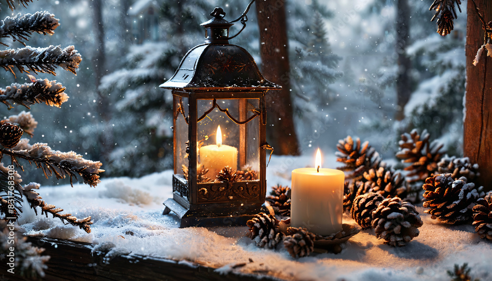 Naklejka premium Lumières de Noël dans la neige