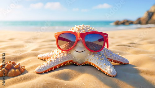 Seaside resort. summer holiday.   Summer vacation.Smiling starfish in sunglasses  on sea beach.