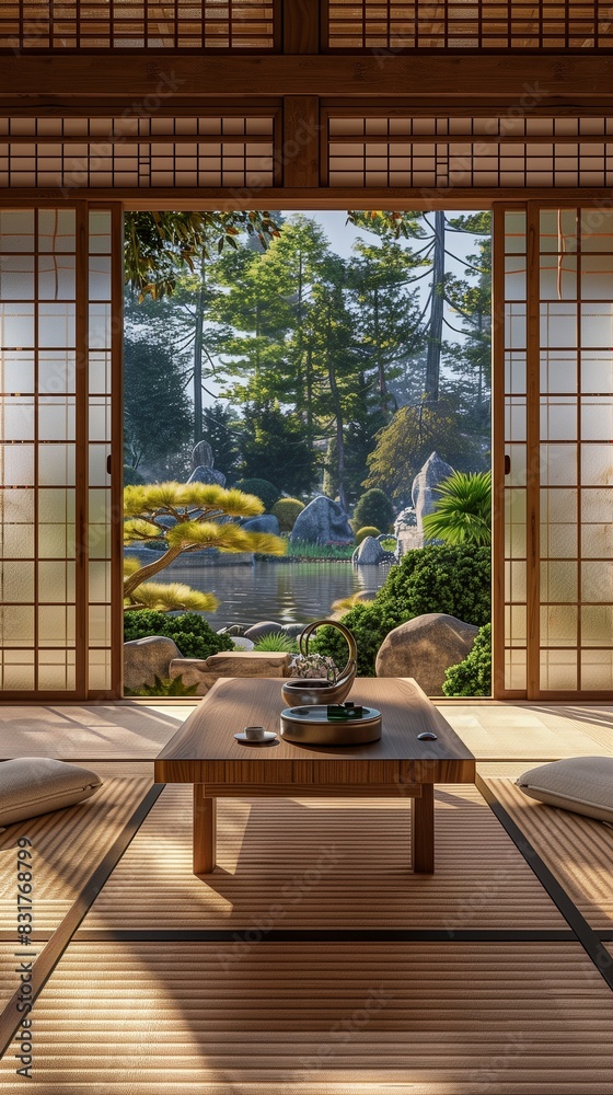 Naklejka premium Traditional Japanese tatami room with shoji doors, natural wood accents, and a low table set against a zen garden backdrop.