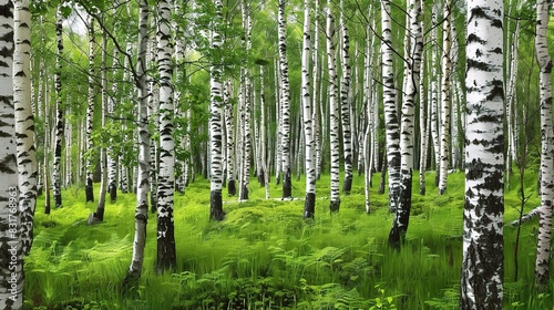 Altay Birch Forest  Serene Walkway Amongst Lush Green Trees with Dappled Sunlight  Natural Woodland Beauty