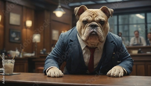 A bulldog in a lawyer's outfit leans on a counter and a man in a suit in the background. photo