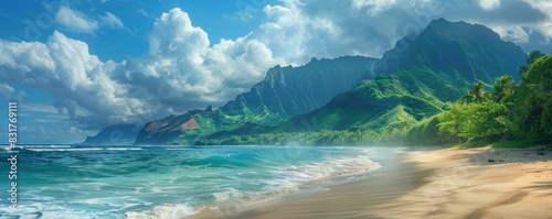 Seascape. Beautiful photograph of a Hawaii landscape with a beach and mountain background.
