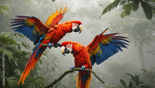 parrots with red, yellow, and blue feathers are flying in a jungle with green plants. photo