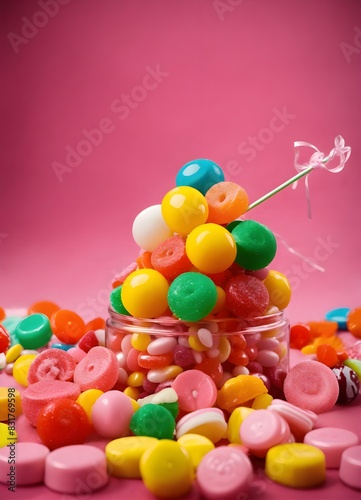 Generate a top down, candy-themed simple sprite pixel image set on a peachy-colored sugary path. The scene should be ***very sparsely*** populated candies of varying colors, swirled candies, gummy can photo