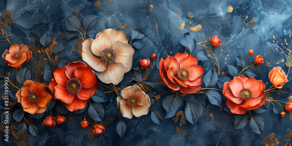 panel wall art, wall decoration, marble background with flowers designs panel wall art, wall decoration, marble background with flowers designs