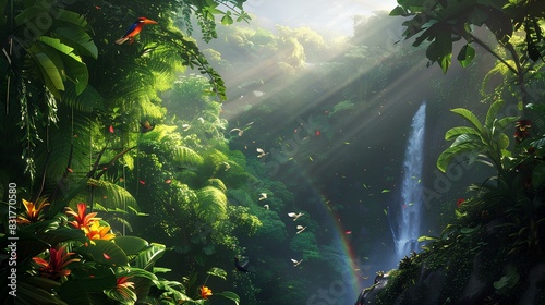 A lush tropical forest canopy, alive with the vibrant colors of exotic birds and blooming flowers. Sunlight filters through the dense foliage, casting dappled shadows on the forest floor below.