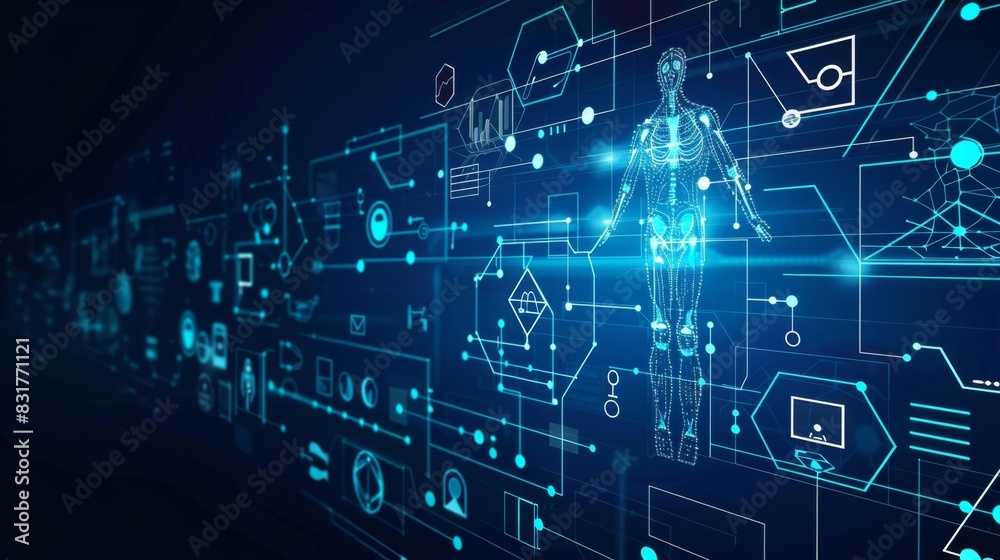 A digital roadmap leading to a person indicating the potential for blockchain to revolutionize the healthcare industry and improve patient outcomes. A digital roadmap leading to a person indicating the potential for blockchain to revolutionize the healthcare industry and improve patient outcomes.