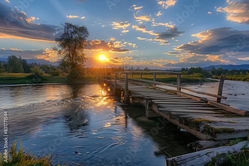 A rustic bridge crossing a calm river at sunset.