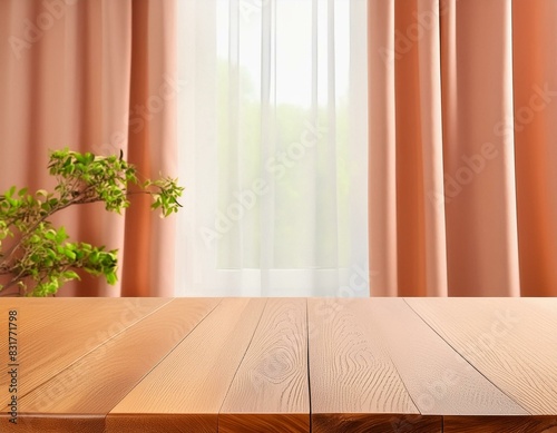 Sunlit Serenity: Wooden Table with Blurred Window View photo