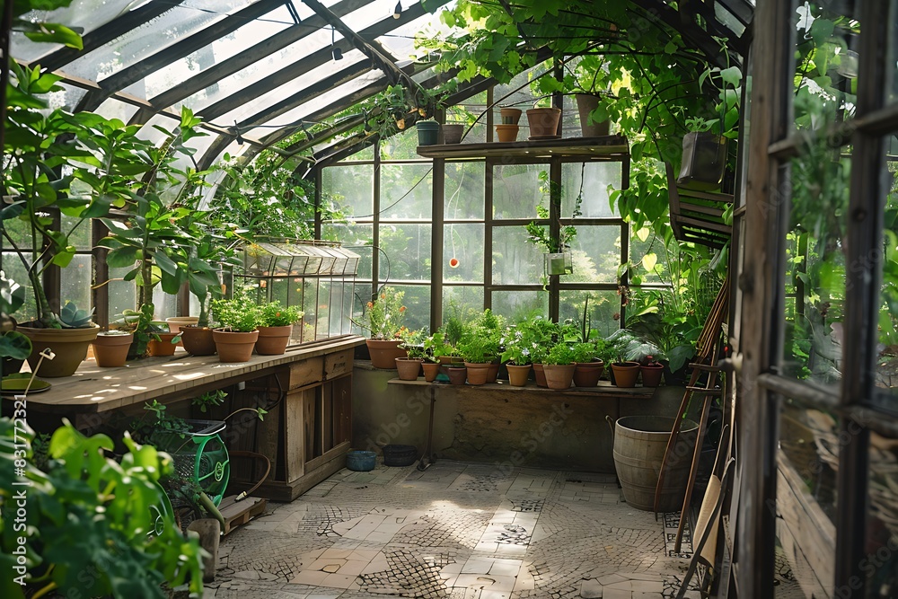 A rustic greenhouse with vintage pots and climbing plants.