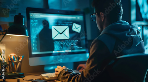 A computer screen showing a phishing email, a person looking worried and about to click on a link, symbolizing the threat of phishing attacks. Generative AI illustration  photo