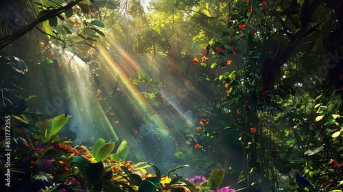 A lush tropical forest canopy  alive with the vibrant colors of exotic birds and blooming flowers. Sunlight filters through the dense foliage  casting dappled shadows on the forest 