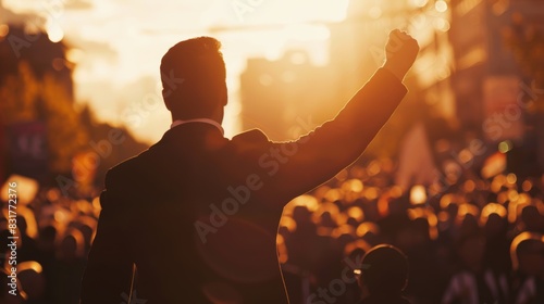 A silhouette of a person raising a fist in the air during a rally, with a large crowd and a sunset in the background. photo
