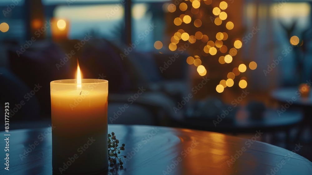 Burning candle on a table against a blurred cityscape background with lights and a window. Space for text Burning candle on a table against a blurred cityscape background with lights and a window. Space for text