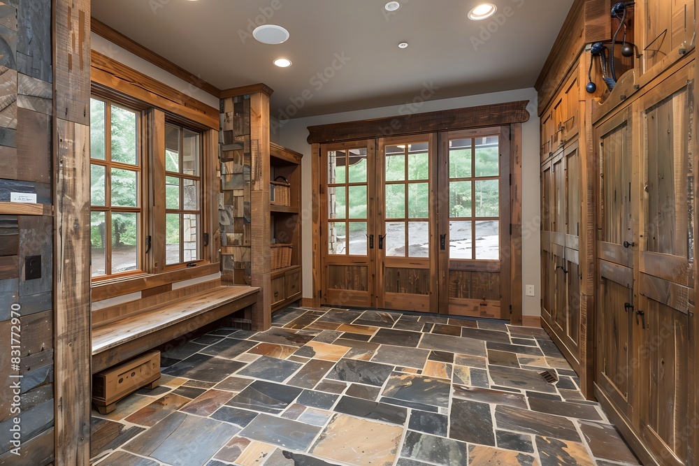 A rustic mudroom with stone tiles and wooden lockers.
