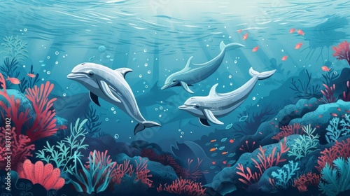 Invitation card for World Oceans Day with an artistic illustration of the ocean surface transitioning into the deep sea The scene includes playful dolphins and a colorful coral ree photo
