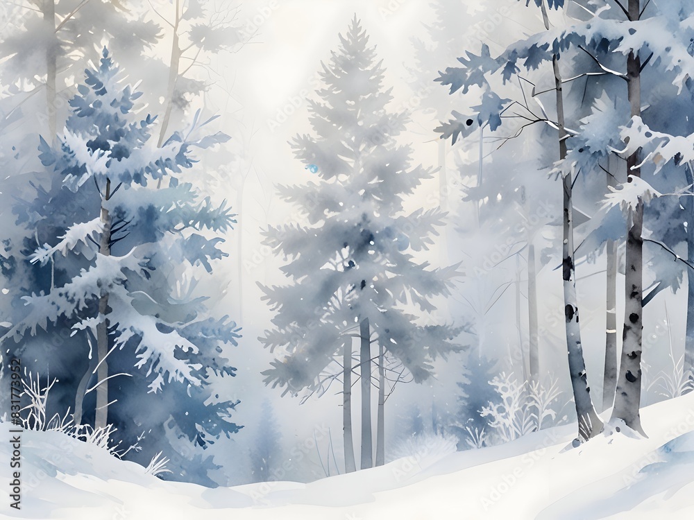 Fototapeta premium Winter Forest Landscape Watercolor Art