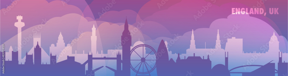 Fototapeta premium England, UK skyline with cities panorama, gradient vector fbanner. Purple color London, Birmingham, Leeds, Bradford, Bristol, Manchester cityscapes for footer, header, infographic, horizontal graphic