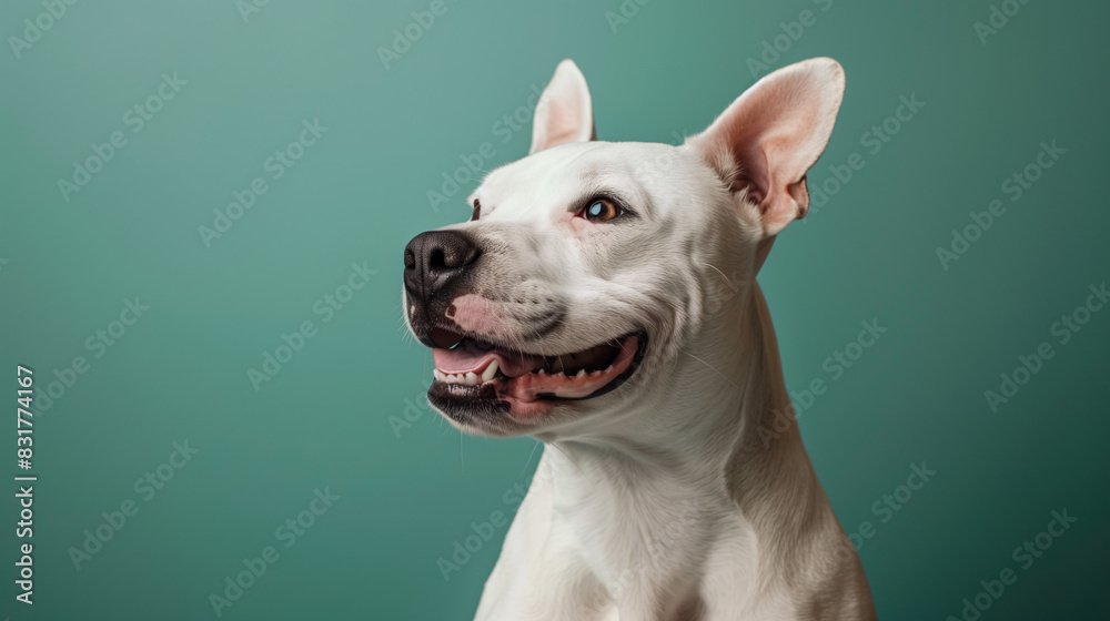 Smiling white dog with floppy ears stands in front of green background Smiling white dog with floppy ears stands in front of green background