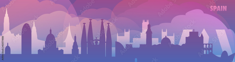 Spain country skyline with cities panorama, gradient vector thin banner. Purple color Barcelona, Madrid, Valencia, Sevilla, Bilbao, Malaga cityscape for footer, header, infographic, horizontal graphic