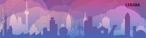 Canada country skyline with cities panorama, gradient thin banner. Purple color Toronto, Montreal, Ottawa, Winnipeg, Vancouver, Edmonton cityscapes for footer, header, infographic, horizontal graphic