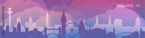 England, UK skyline with cities panorama, gradient vector fbanner. Purple color London, Birmingham, Leeds, Bradford, Bristol, Manchester cityscapes for footer, header, infographic, horizontal graphic