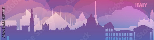 Italy country skyline with cities panorama, gradient vector thin banner. Purple color Milan, Rome, Palermo, Naples, Genoa, Turin, Bologna cityscape for footer, header, infographic, horizontal graphics