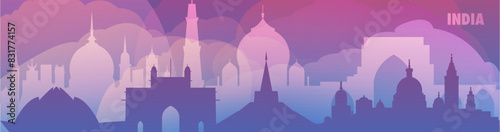 India country skyline with cities panorama, gradient vector thin banner. Purple color Delhi, Mumbai, Bangalore, Kolkata, Chennai, Hyderabad cityscapes for footer, header, infographic, horizontal graph