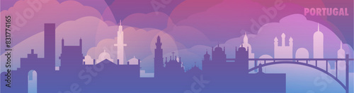 Portugal country skyline with cities panorama, gradient  thin banner. Purple color Lisbon, Porto, Braga, Coimbra, Funchal, Setubal cityscapes for footer, header, infographic, horizontal graphic photo