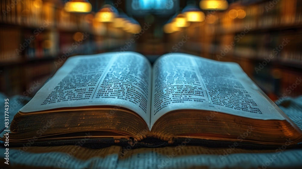 Obraz premium Open antique book over wooden table.