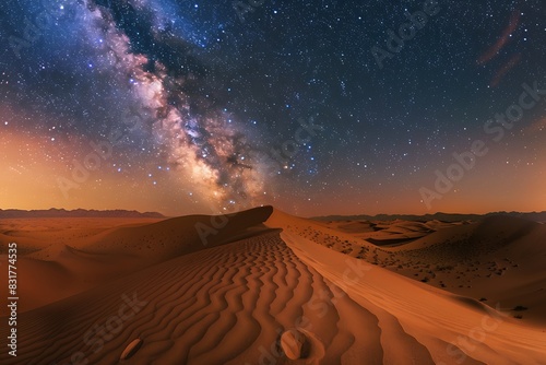 A serene desert landscape stretching to the horizon  with towering sand dunes bathed in the golden light of sunset 